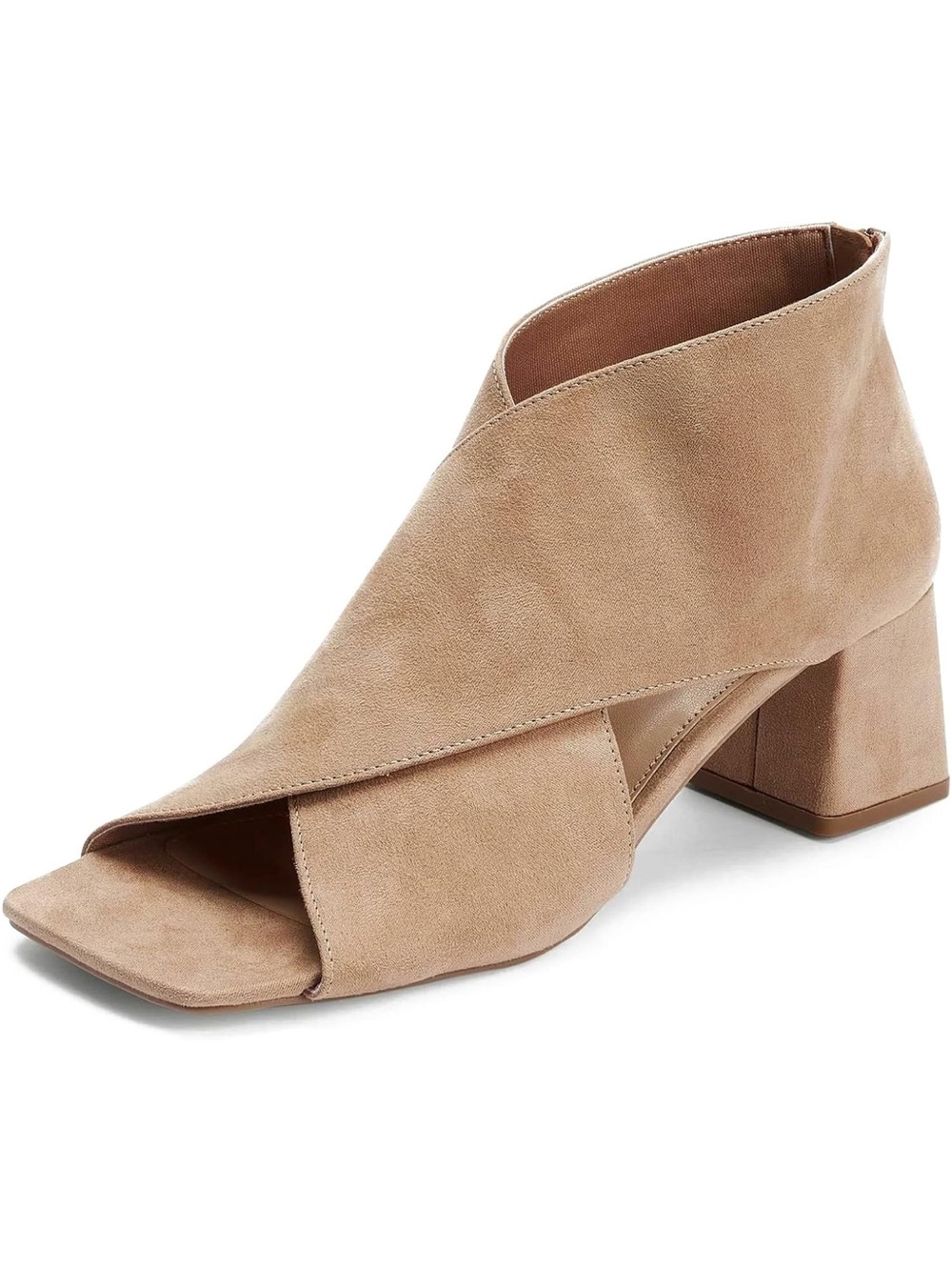Chunky Heel Open Toe Booties Suede Side Cut-Out Ankle Boots Square Peep Toe 2”